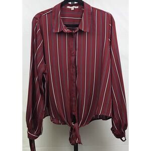 Haute Monde Button Up Blouse Women 2XL Maroon Stripe Semi Sheer Tie Waist & Cuff
